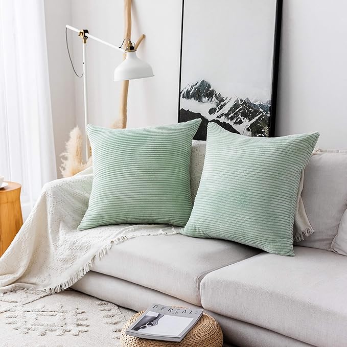 Home Brilliant Green Throw Pillow Cover 24x24 Set of 2 Euro Shams Super Soft Striped Velvet Large Cushion Cover for Living Room Sage Green Spring Decor, 24 x 24 inch, Mint