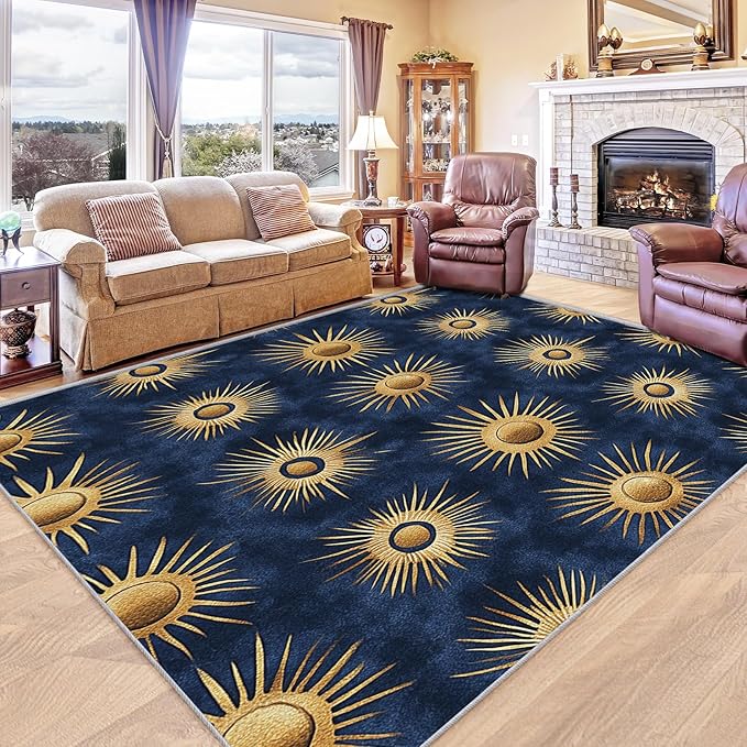 Sun Rug for Kids Room - Abstract Sun Rug, 6x9 Rug, Minimalist Boho Area Rug & Room Decor, Gold Navy Blue Carpet & Home Decor, Washable Non Slip Anti Skid Rugs