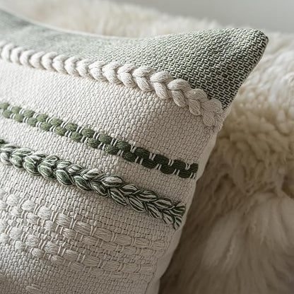 Boho Throw Pillow Covers 18x18 Inch Set of 2, Green Textured Decorative Couch Pillow Cases for Farmhouse Home Decor, Accent Cushion Cover for Sofa, Bed, Living Room, Bedroom