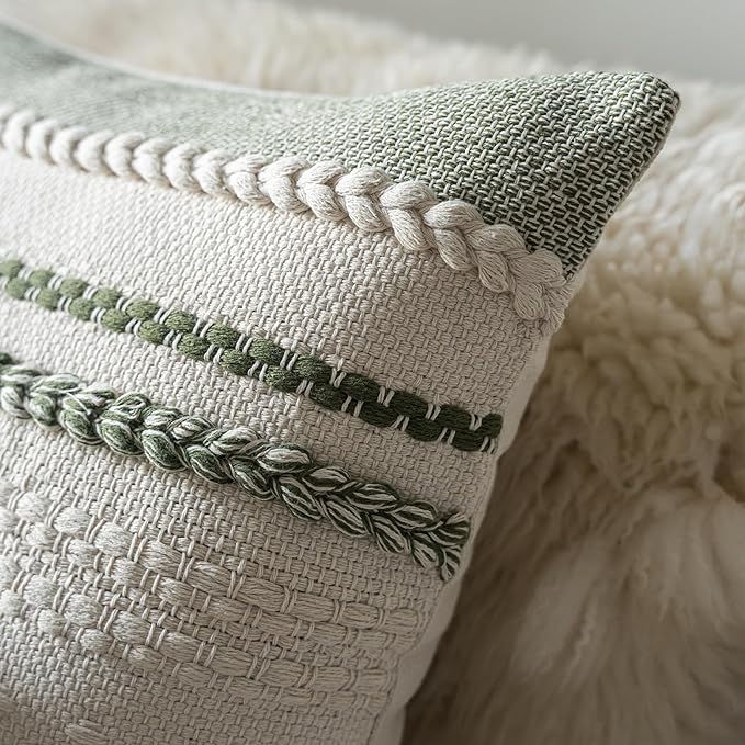 Boho Throw Pillow Covers 12x20 Inch Set of 2, Green Textured Decorative Couch Pillow Cases for Farmhouse Home Decor, Accent Cushion Cover for Sofa, Bed, Living Room, Bedroom