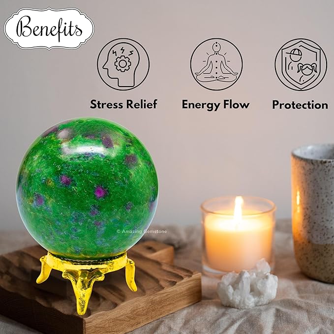 Amazing Gemstone Ruby Zoisite Crystal Ball with Stand - 1.5 Inches Crystal Sphere Meditation Balls for Witchcraft and Decorative Balls