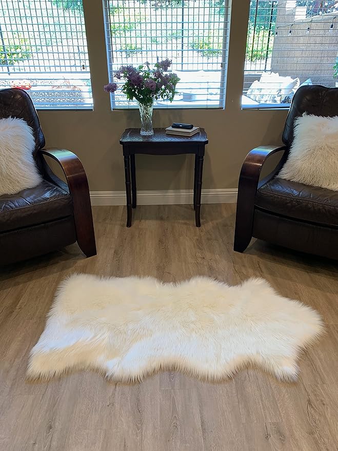 LAMBZY Faux Sheepskin Super Soft Hypoallergenic Silky Shag Rug for Living Room, Kids Room, Sofa (Single and a Half 2'x4'6", White)