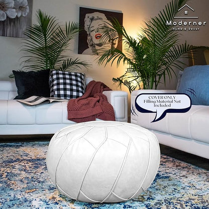 Moderner Faux Leather Pouf Unstuffed Ottoman Moroccan Footstool, Floor Footrest Cushion, Storage Solution - Natural Brown Color (White, Round)