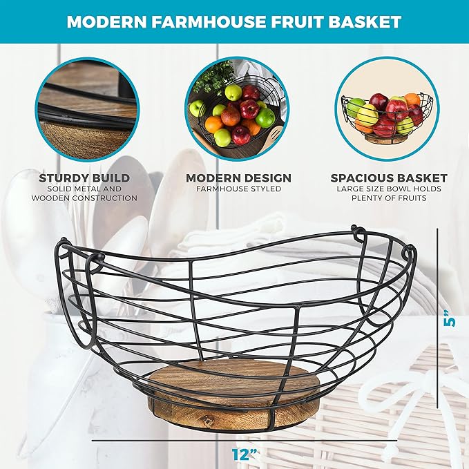 Modern Farmhouse Fruit Basket for Kitchen Counter, Vintage Wire and Wooden Base Fruit Bowl for Kitchen Decor, Fruit & Vegetables Storage Basket/Bowl