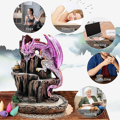 Dragon Backflow 2 Sided Mountain Waterfall Incense Burner,Fountain Smoke Incense Holder with Backflow Incense Cones, Tweezers, Mat，Resin Aromatherapy Meditationvaiuk (Purple)