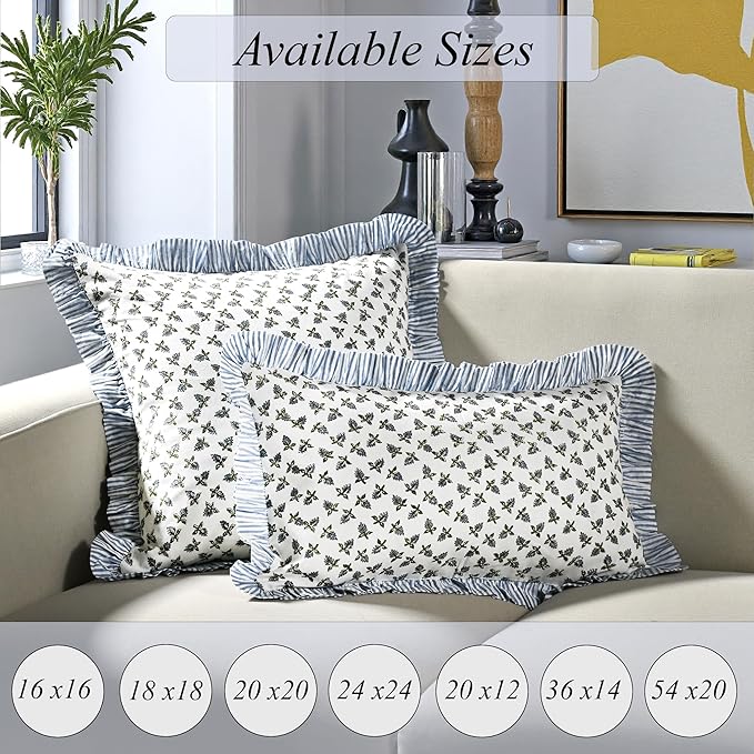 Ridhi Baby Blossams Modern Farmhouse Pillow 20x20 Block Print Cotton Throw Pillow Covers Set of 2 Cushion Covers with Ruffle Couch Sofa Bed Living Room Home Decor Christmas, Thanksgiving
