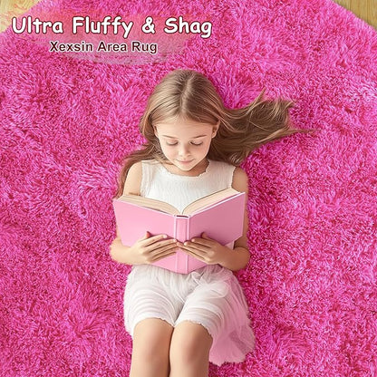 Round Fluffy Rugs 8Ft for Girls Bedroom, Hot Pink Shag Circle Kids Rug Non-Slip for Bedside Dorm Nursery Playroom, Soft Cute Area Rugs for Living Room Decor