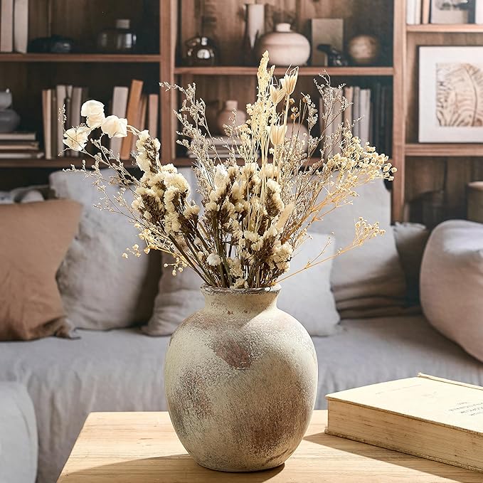 SIDUCAL Ceramic Decorative Flower Vase | 7.48 Inch Pottery Rustic Farmhouse Boho Vase for Home Decor, Table, Living Room, Bathroom, Coffee Desk, Shelf, Mantel Decoration, Wedding, Terra