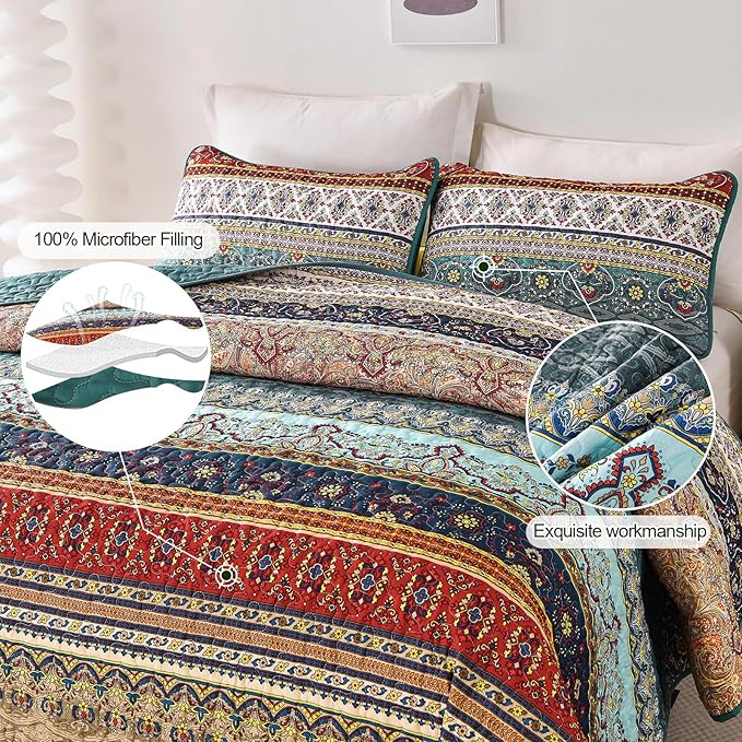 WONGS BEDDING Boho King Quilt Set, Green and Brown Bohemian King Quilt Bedding Set, Lightweight Microfiber Bed Decor Bedspread for All Season 103"x90"(3 Pieces)