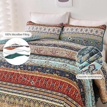WONGS BEDDING Boho Full Quilt Set,3 Pieces Green Brown Bohemian Full Size Bedding Set Lightweight Microfiber Bed Decor Bedspread for All Season 78"x90"