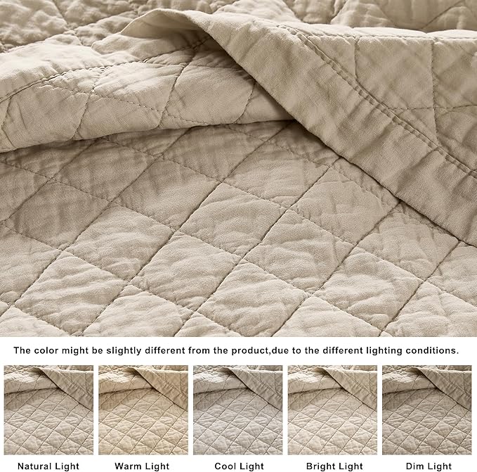 WDCOZY 100% Pre-Washed Cotton Queen Size Quilt Set - Beige Neutral Ruffle Box Soft Lightweight Bedspread, Textured Like Linen, Farmhouse Country Rustic Coverlet, Shabby Chic Gauze Bedding, 3 Pieces