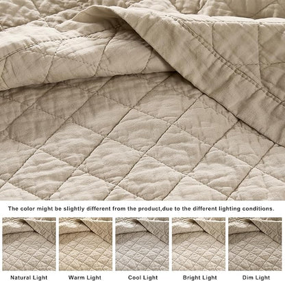 WDCOZY 100% Pre-Washed Cotton Queen Size Quilt Set - Beige Neutral Ruffle Box Soft Lightweight Bedspread, Textured Like Linen, Farmhouse Country Rustic Coverlet, Shabby Chic Gauze Bedding, 3 Pieces