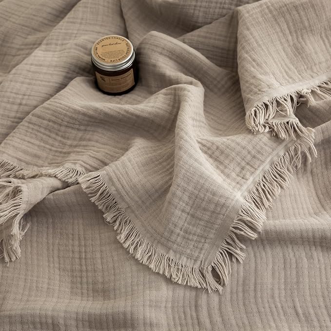 FOSSA Muslin Blanket with Fringe - 4-Layer 100% Cotton Gauze Super Soft & Breathable Throw -Lightweight Decorative Cooling Blanket for Bed, Sofa, Office (Beige Gray, King (104" × 90"))