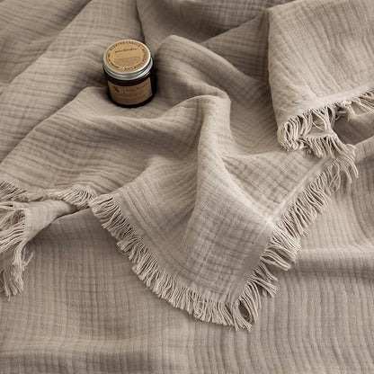 FOSSA Muslin Blanket with Fringe - 4-Layer 100% Cotton Gauze Super Soft & Breathable Throw -Lightweight Decorative Cooling Blanket for Bed, Sofa, Office (Beige Gray, King (104" × 90"))