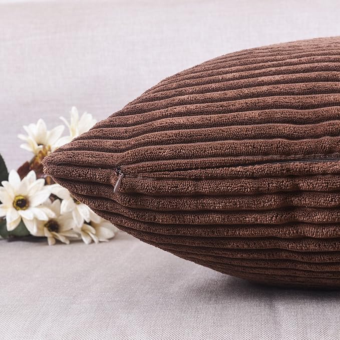 Home Brilliant Throw Pillow Covers 18x18 Set of 2 Solid Plush Corduroy Striped Square Cushion Covers Bed Decor, 18x18 inch, Brown