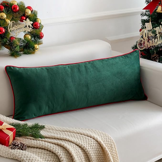LIGICKY Christmas Long Lumbar Pillow Cover 14x36 inch Red Velvet Dark Green Rope Edging Throw Pillow Covers Decorative Rectangular Body Pillow Case Accent Textured Cushion Cover for Bed Couch