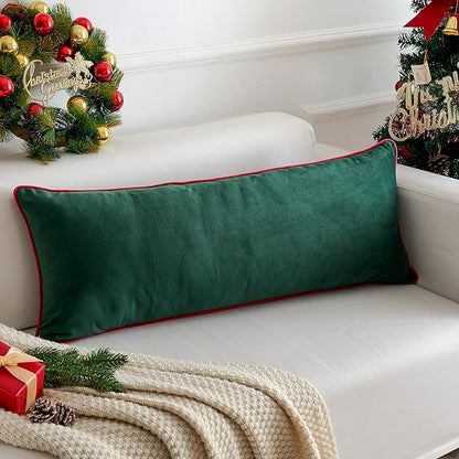 LIGICKY Christmas Long Lumbar Pillow Cover 14x36 inch Red Velvet Dark Green Rope Edging Throw Pillow Covers Decorative Rectangular Body Pillow Case Accent Textured Cushion Cover for Bed Couch