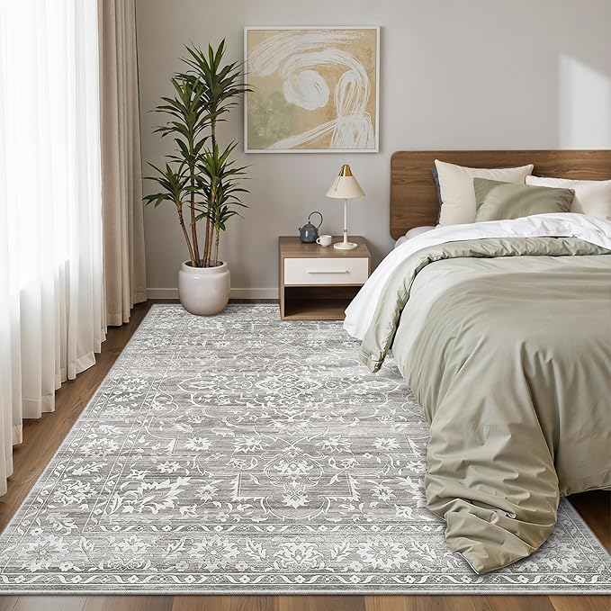 Area Rugs 5x7 for Living Room, Floral Washable Rugs for Dining Room, Bedroom, Vintage Non-Slip Gray Thin Area Rug(Grey, 5'x7')