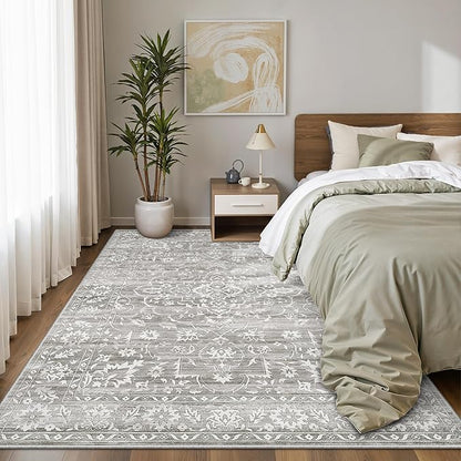 Area Rugs 5x7 for Living Room, Floral Washable Rugs for Dining Room, Bedroom, Vintage Non-Slip Gray Thin Area Rug(Grey, 5'x7')