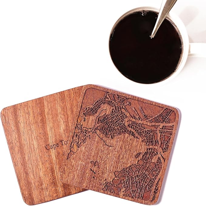 Cape Town Map Coaster by O3 Design Studio, Set Of 4, Sapele Wooden Coaster With City Map, Handmade