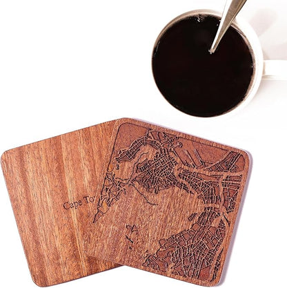 Cape Town Map Coaster by O3 Design Studio, Set Of 4, Sapele Wooden Coaster With City Map, Handmade