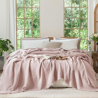 MooMee Muslin Blanket - 100% Cotton 4-Layer Gauze Throw Blanket with Tassels Ultra-Soft Breathable Lightweight Cooling for Bed Couch (Greyish Pink,Super King 108" x 98")