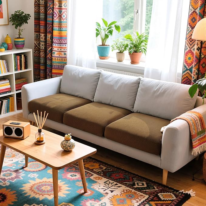 Hokway Stretch Couch Cushion Covers, 3 Piece Individual Sofa Cushion Slipcovers，Jacquard Sofa Seat Slipcover Set, Non-Slip Protector for Cushion (Coffee,Small-3PC)