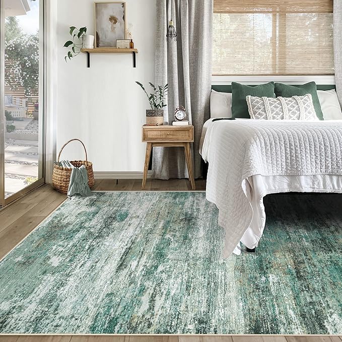 5x7 Area Rugs for Living Room, Washable Modern Abstract Large Area Rug Neutral Soft Non Slip Kids Rug Stain Resistant Indoor Carpet for Bedroom Nursery Dining Room Home Office(Green, 5'x7')