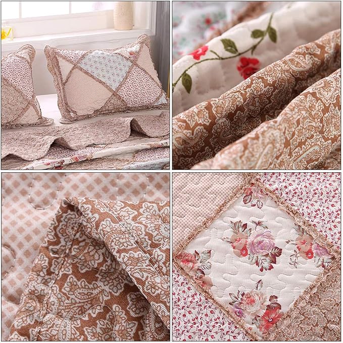 VIVILINEN Queen Size Quilt Set 3-Piece Light Pink Floral Patchwork Reversible Quilted Bedspread Coverlet Set Lightweight Comforter Bedding Set Bed Sheet Set Cover Blanket with 2 Pillow Shams