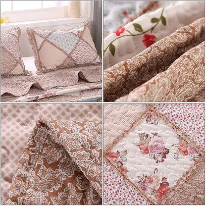 VIVILINEN Queen Size Quilt Set 3-Piece Light Pink Floral Patchwork Reversible Quilted Bedspread Coverlet Set Lightweight Comforter Bedding Set Bed Sheet Set Cover Blanket with 2 Pillow Shams