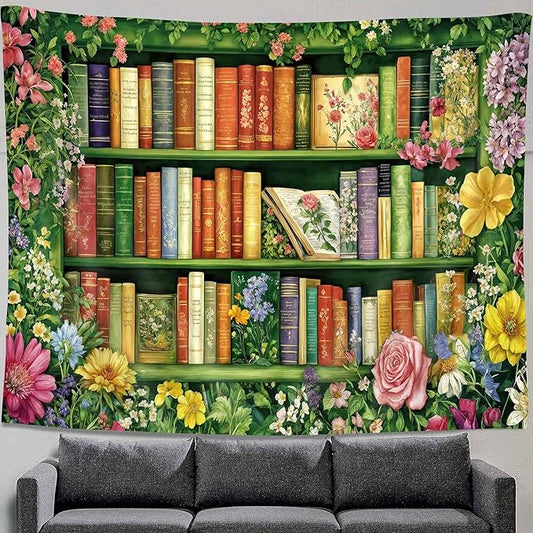 DYNH Wildflowers Bookshelf Tapestry,Book on Bookshelf and Colorful Plants Tapestries,Vintage Art Wall Hanging Decor for Study Room Bedroom Living Room College Dorm,80x60In
