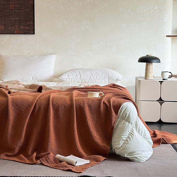 FALUCA Cotton Muslin Reversible Blanket Twin Size for Bed, Couch, Four Layers Blanket, Soft Lightweight Cozy Breathable Farmhouse Decoration for All-Season, Camel