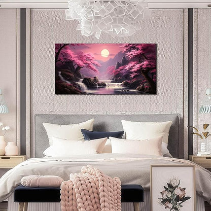 Landscape Wall Art for Living Room Bedroom Office Pink Wall Art Moon Lake Mountain Pictures Modern Artwork Framed Wall Decor Canvas Prints 24x48 In