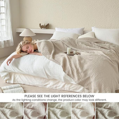 FALUCA Cotton Muslin Reversible Blanket Queen Size for Bed, Couch, Four Layers Blanket, Soft Lightweight Cozy Breathable Farmhouse Decoration for All-Season, Khaki