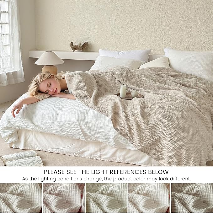 FALUCA Cotton Muslin Reversible Blanket King Size for Bed, Couch, Four Layers Blanket, Soft Lightweight Cozy Breathable Farmhouse Decoration for All-Season, Khaki