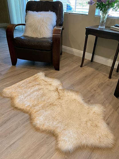 LAMBZY Faux Sheepskin Super Soft Hypoallergenic Silky Shag Rug for Living Room, Kids Room, Sofa (Single and a Half 2'x4'6", White/Brown Tips)
