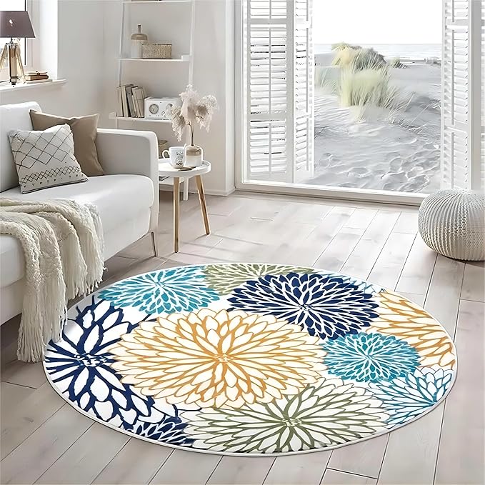 Bohemian Round Area Rug, 6ft, Soft Non-Slip Round Rug, Mandala Area Rug, Floral Round Rug, Suitable for Living Room Bedroom Sofa Bedside Children's Room Non-Slip Washable Floor Mat