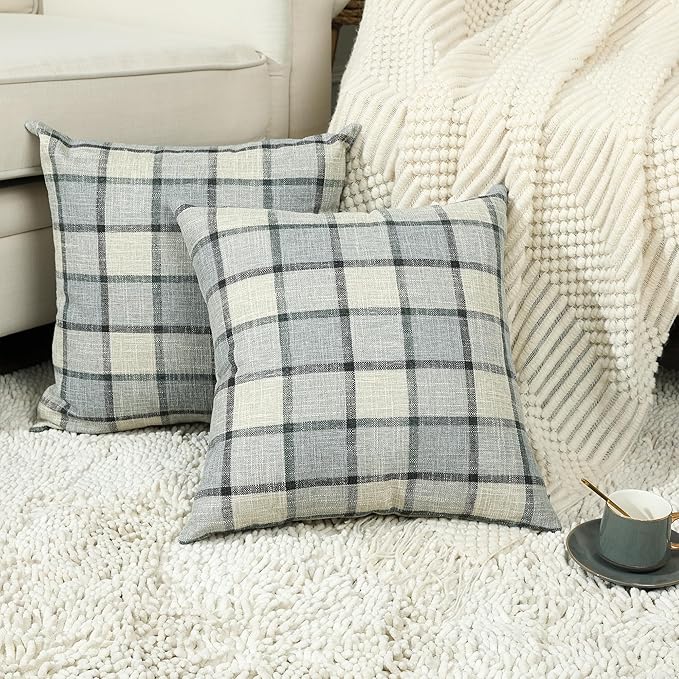 Stellhome Pack of 2 Linen Buffalo Check Throw Pillow Covers Farmhouse Plaid Cushion Cover Rustic Retro Decor for Bed Couch Sofa Bench, 16 x 16 Inch, Light Grey