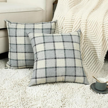 Stellhome Pack of 2 Linen Buffalo Check Decorative Throw Pillow Covers, Farmhouse Plaid Cushion Covers Rustic Retro Decor for Couch Sofa Living Room, 20x20 Inch, Light Grey