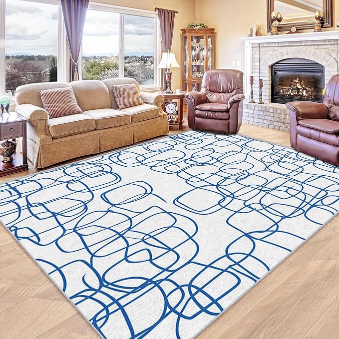 Abstract Rugs - Abstract Contemporary Rug, 5x7 Rug, Minimalist Boho Blue and White Line Art Area Rug & Room Decor, Modern Carpet & Home Decor, Washable Non Slip Anti Skid Rugs