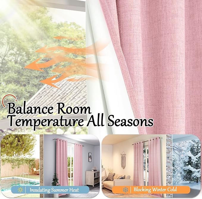 Baby Pink Linen Blackout Curtains for Nursery 72 Inch Length 2 Panels Set, Thermal Insulated Boho Total Black Out Noise Reducing Bonzer Grommets Window Curtains for Girls Bedroom, Each 52 Inch Wide