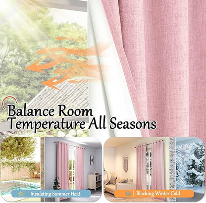 Baby Pink Linen Blackout Curtains for Nursery 63 Inch Length 2 Panels Set, Thermal Insulated Boho Total Black Out Noise Reducing Bonzer Grommets Window Curtains for Girls Bedroom, Each 52 Inch Wide