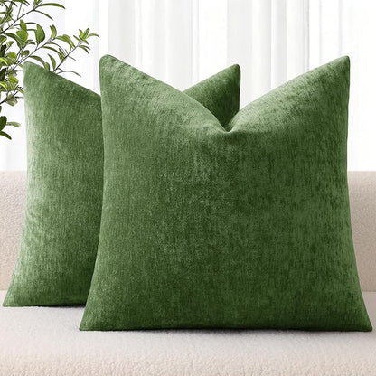 decorUhome Chenille Moss Green Spring Throw Pillow Covers 22x22 Inch Set of 2, Decorative Soft Couch Pillow Covers Solid Dyed Accent Farmhouse Neutral Square Pillow Cases for Sofa