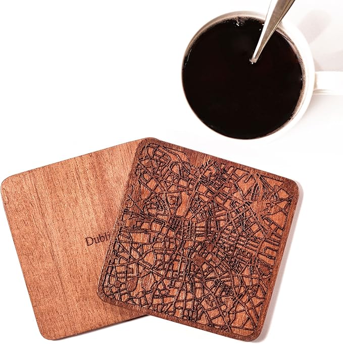 Dublin Map Coaster by O3 Design Studio, Set Of 4, Sapele Wooden Coaster With City Map, Handmade
