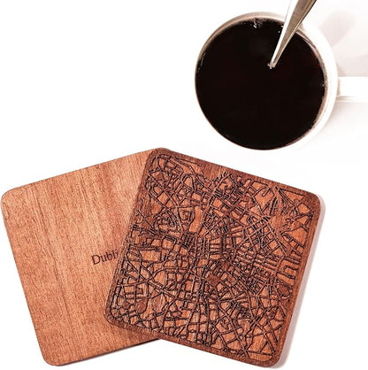 Dublin Map Coaster by O3 Design Studio, Set Of 4, Sapele Wooden Coaster With City Map, Handmade