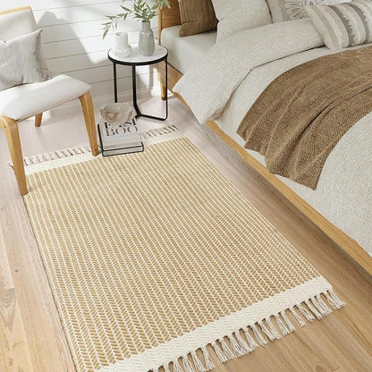 Lahome Boho Rugs for Bedroom, 3x5 Bathroom Rug Lightweight Farmhouse Woven Area Rug with Tassels, Throw Rugs Washable Kitchen Rug Non Shedding Indoor Door Mats for Entryway Living Room, Khaki