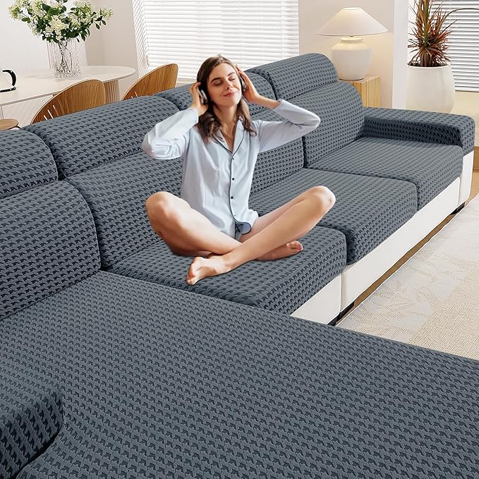 MAXIJIN Couch Cushion Covers for Sectional Sofa, Stretch Sofa Cushion Cover Washable Furniture Protector with Elastic Bottom & Non-Slip Strap for Pets Kids (3PC Seat Cover, Dark Gray)