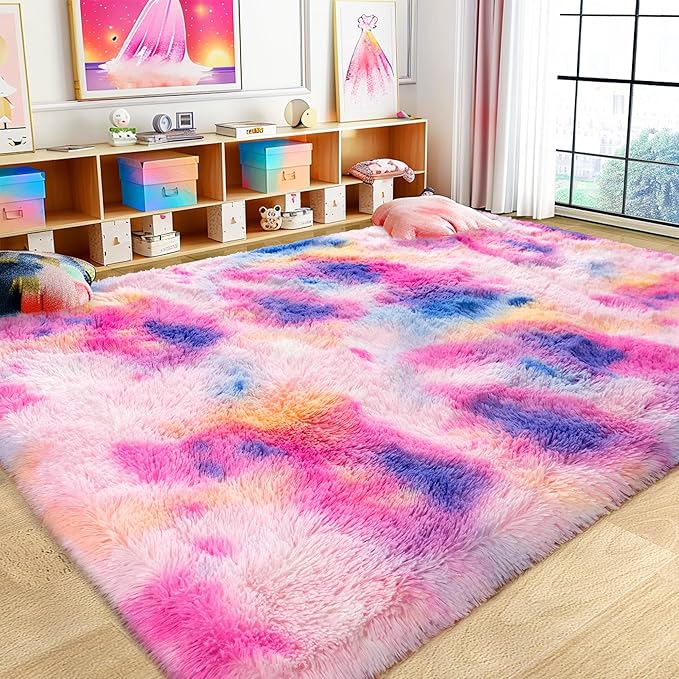 Large 9x12 Area Rugs for Living Room, Ultra Soft Shag Living Room Rug Thick Fluffy Rug for Bedroom, Plush Fuzzy Carpet for Girls Boys Kids Room Non Slip Dorm Rugs for Home Decor Aesthetic Dark Rainbow