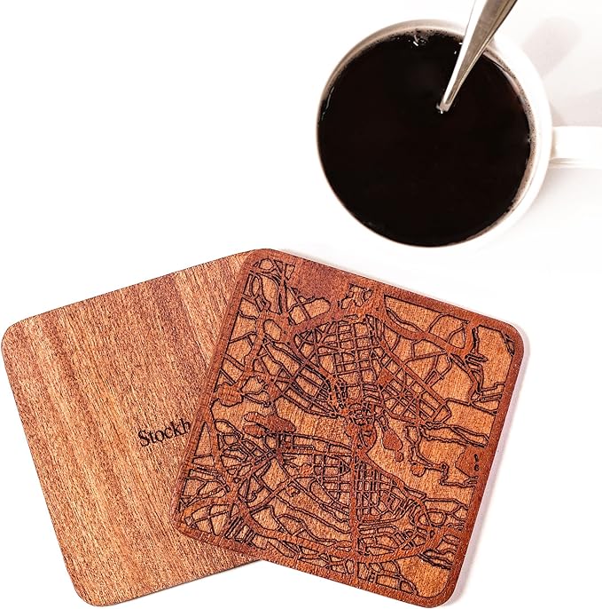 Stockholm Map Coaster by O3 Design Studio, Set Of 4, Sapele Wooden Coaster With City Map, Handmade