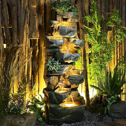 58" H Outdoor Water Fountain with 7 Tiers New Upgraded Large Cascading Realistic Rock Waterfall Fountains with Lights Outdoor Water Fountain for Garden Patio Backyard Porch Home Decor